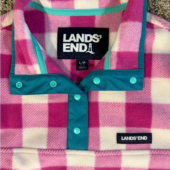 Lands' End Pink Plaid Fleece Pullover - Cozy Winter Essential - Picture 2 of 4